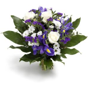 Matala pyöreä kimppu sinisistä ja valkoisista kukista